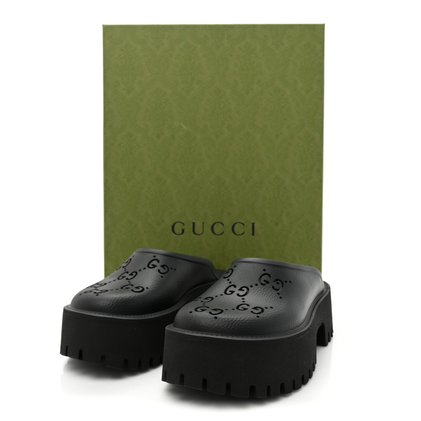 Rubber GG Monogram Perforated Elea Platform 55mm Lug Sole Sandals 36 Black