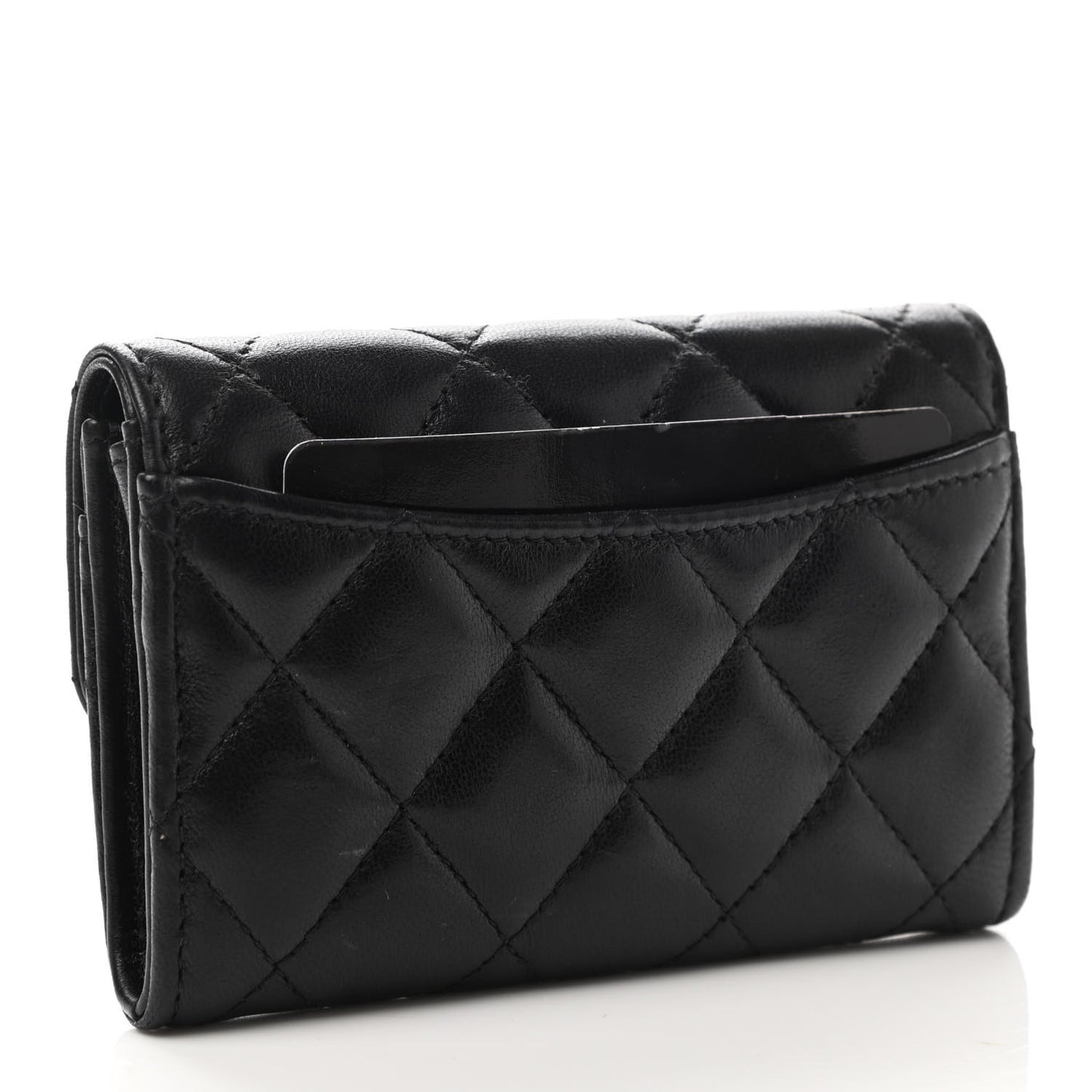 Lambskin Quilted Flap Card Holder Wallet Black