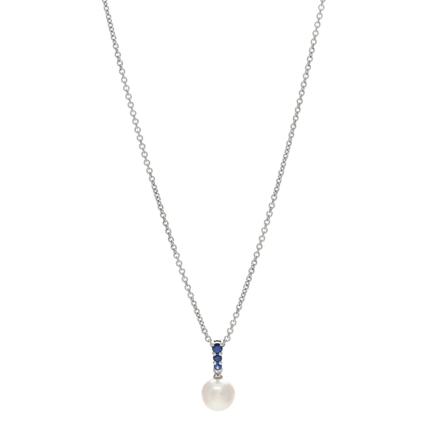 18K White Gold Blue Sapphire Akoya Pearl 8-8.5mm Morning Dew Pendant Necklace