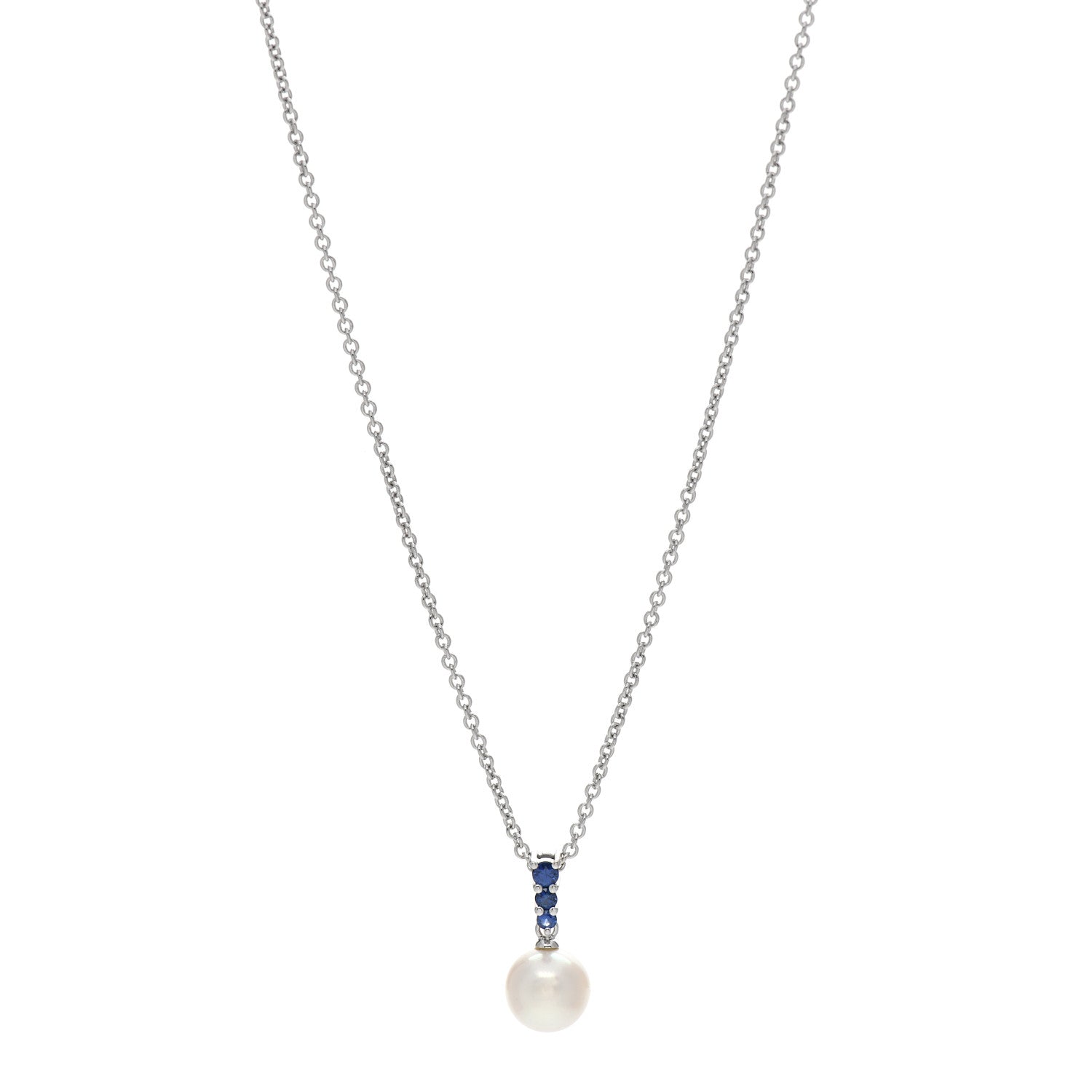Mikimoto 18K White Gold Blue Sapphire Akoya Pearl 8-8.5mm Morning Dew Pendant Necklace 1 of 3