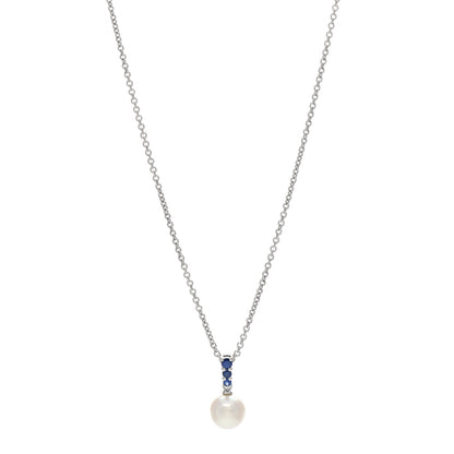 Mikimoto 18K White Gold Blue Sapphire Akoya Pearl 8-8.5mm Morning Dew Pendant Necklace 1 of 3