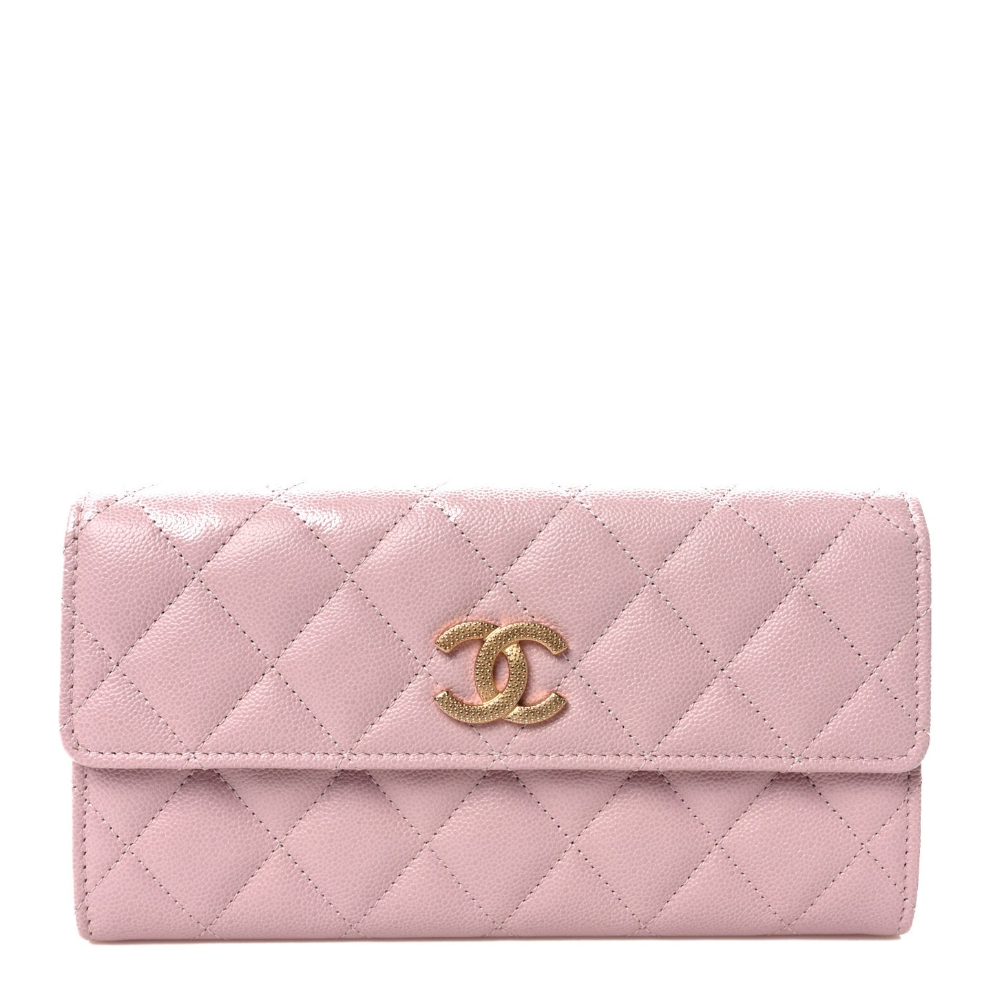 Caviar Quilted Studded CC Large Gusset Flap Wallet Light Pink