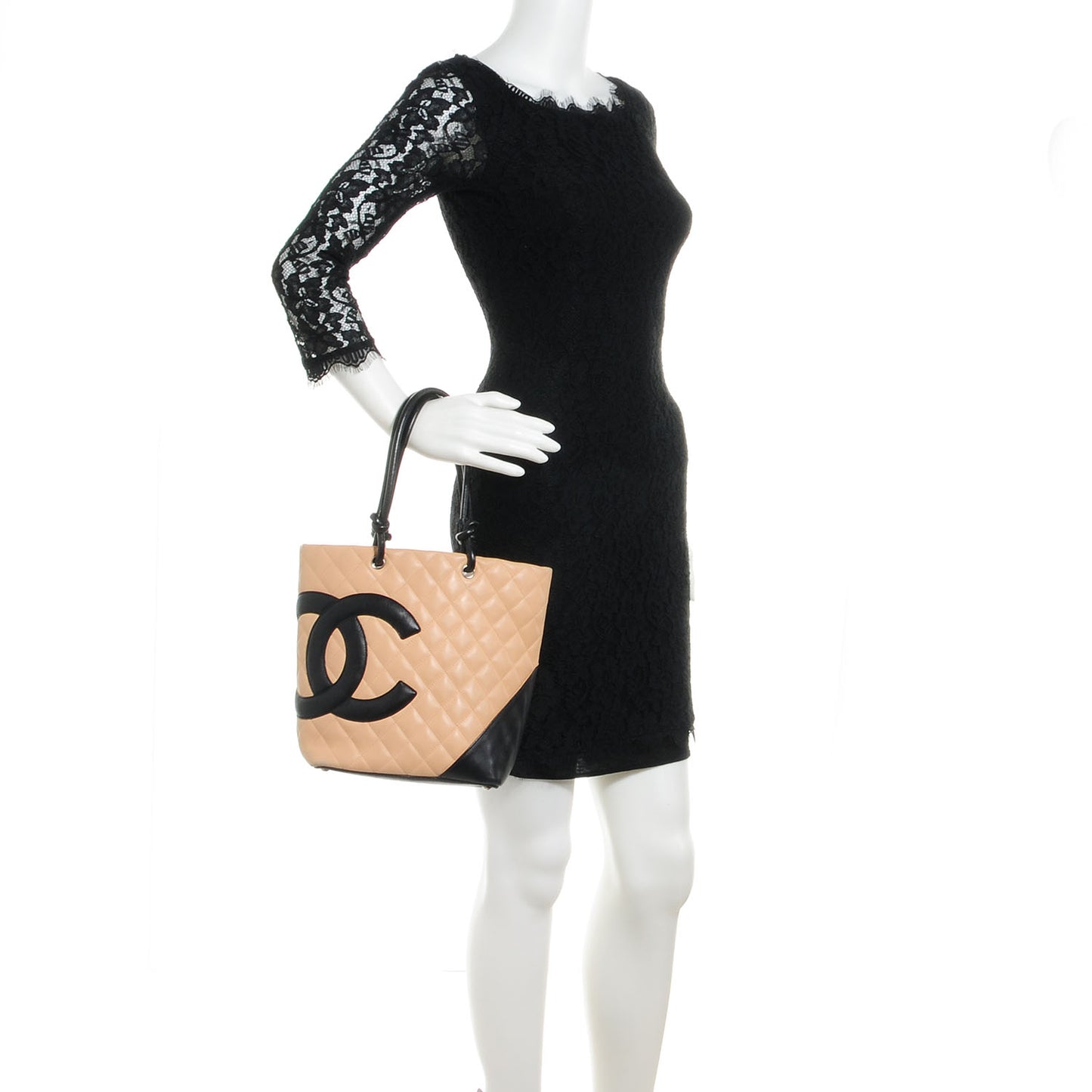 Calfskin Quilted Medium Cambon Tote Beige Black