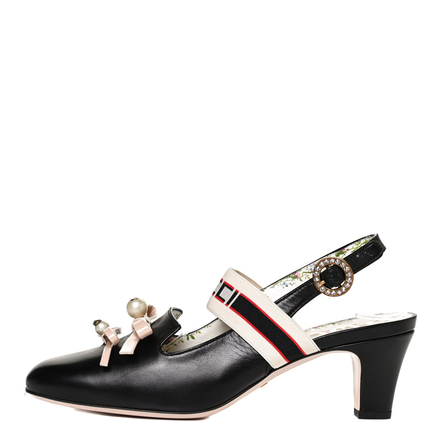 Malaga Kid Bow Ace Stripe Mid Heel Slingback Pumps 39.5 Black