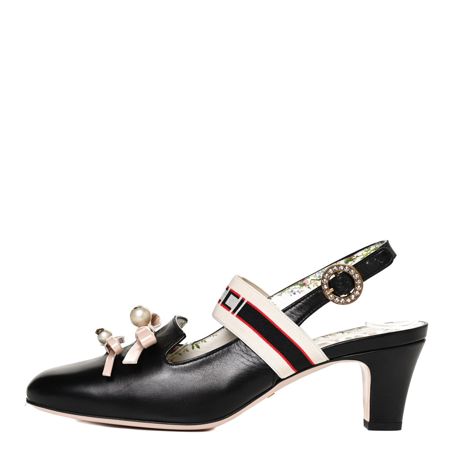 Gucci Malaga Kid Bow Ace Stripe Mid Heel Slingback Pumps 39.5 Black 1 of 9