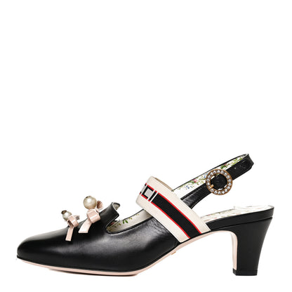 Gucci Malaga Kid Bow Ace Stripe Mid Heel Slingback Pumps 39.5 Black 1 of 9