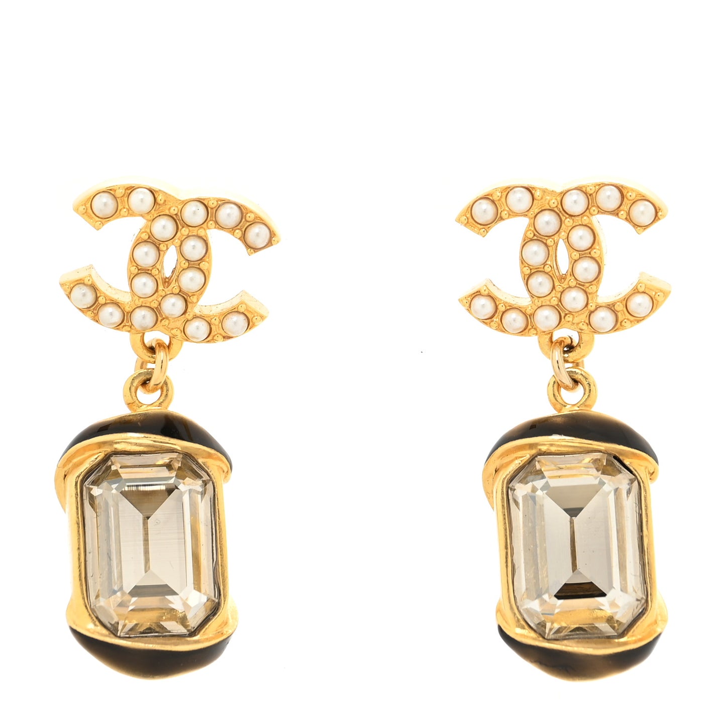 Crystal Pearl CC Drop Earrings Gold White
