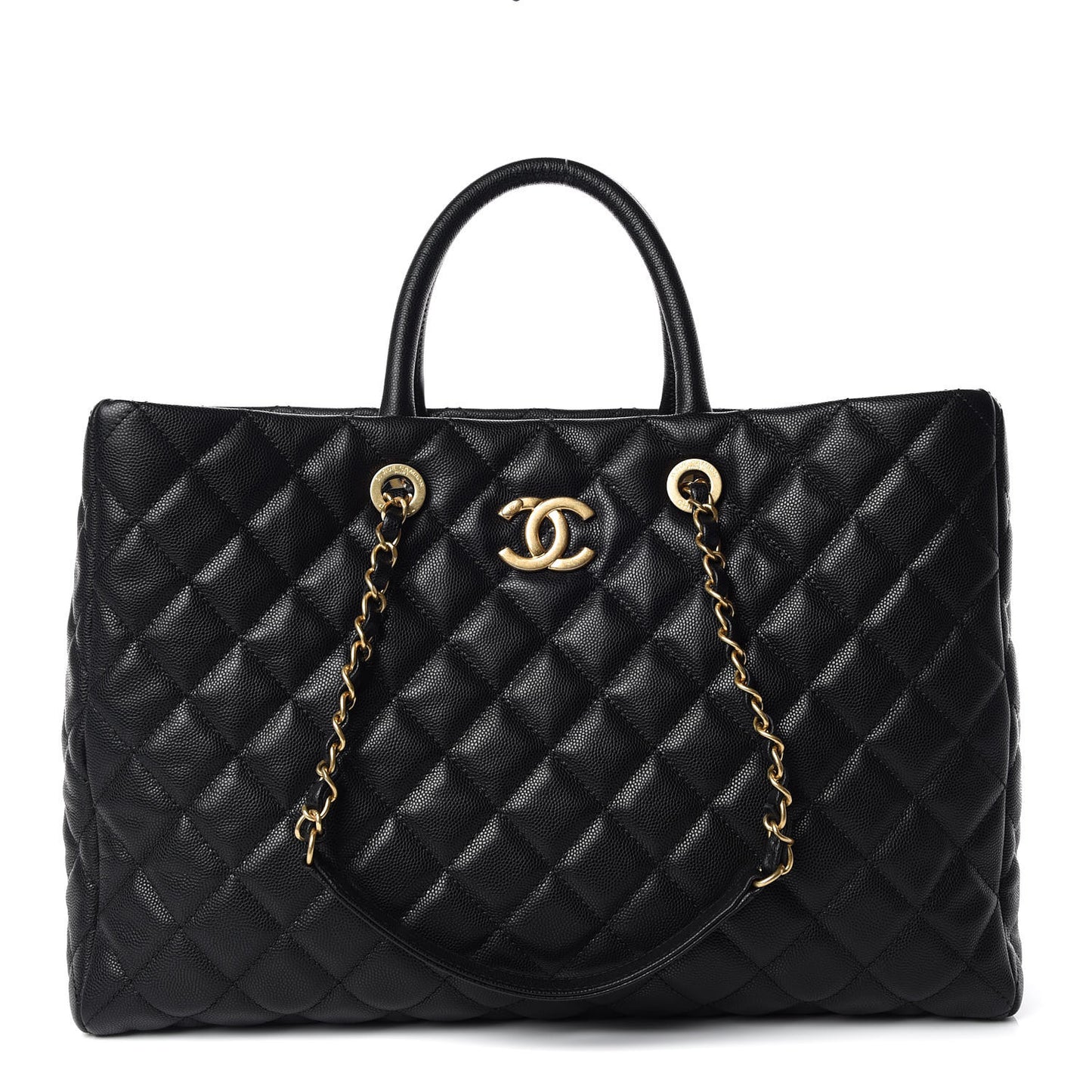 Caviar Quilted Large Coco Handle Shopping Tote Black
