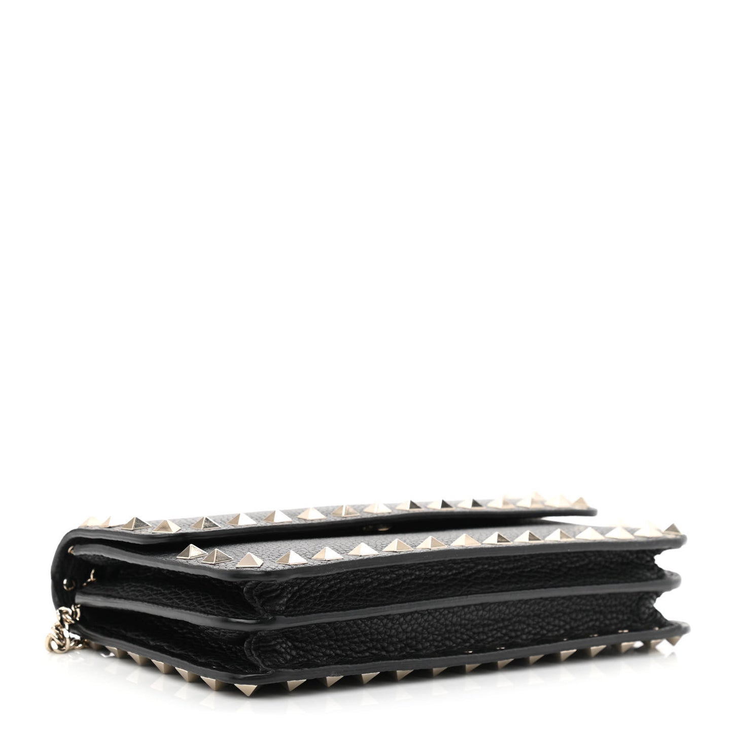 Pebbled Calfskin Rockstud Flap Wallet On Chain Black