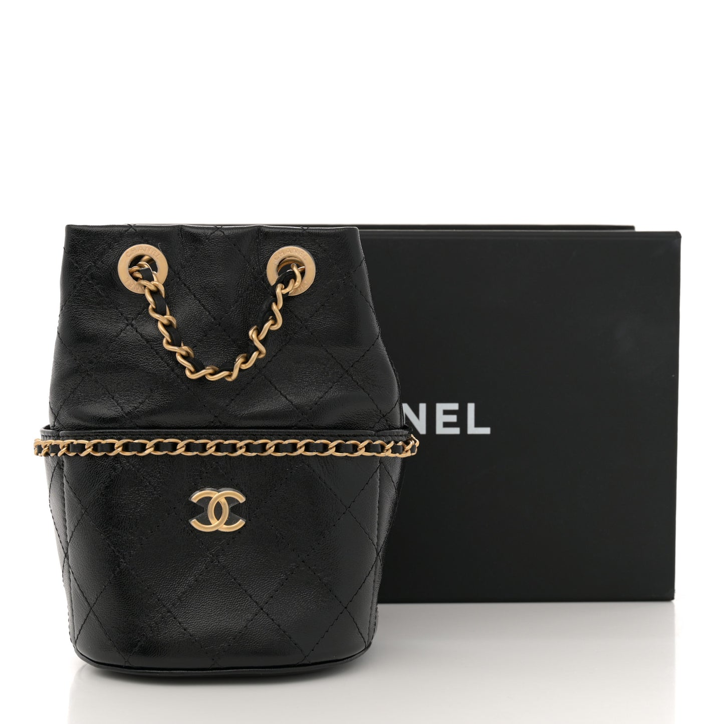 Shiny Lambskin Quilted Nauticoco Bucket Bag Black