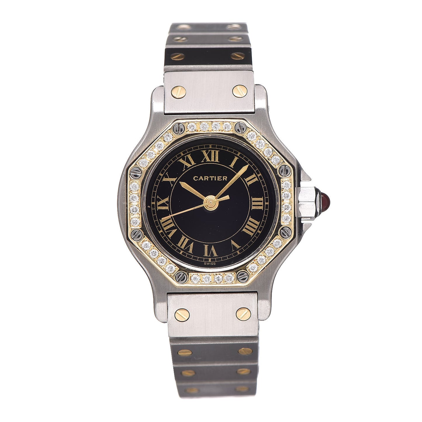 Stainless Steel 18K Yellow Gold Diamond 25mm Santos Octagon Automatic Watch Black