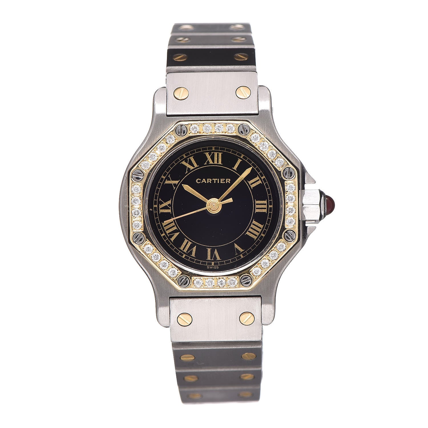 Cartier Stainless Steel 18K Yellow Gold Diamond 25mm Santos Octagon Automatic Watch Black 1 of 7