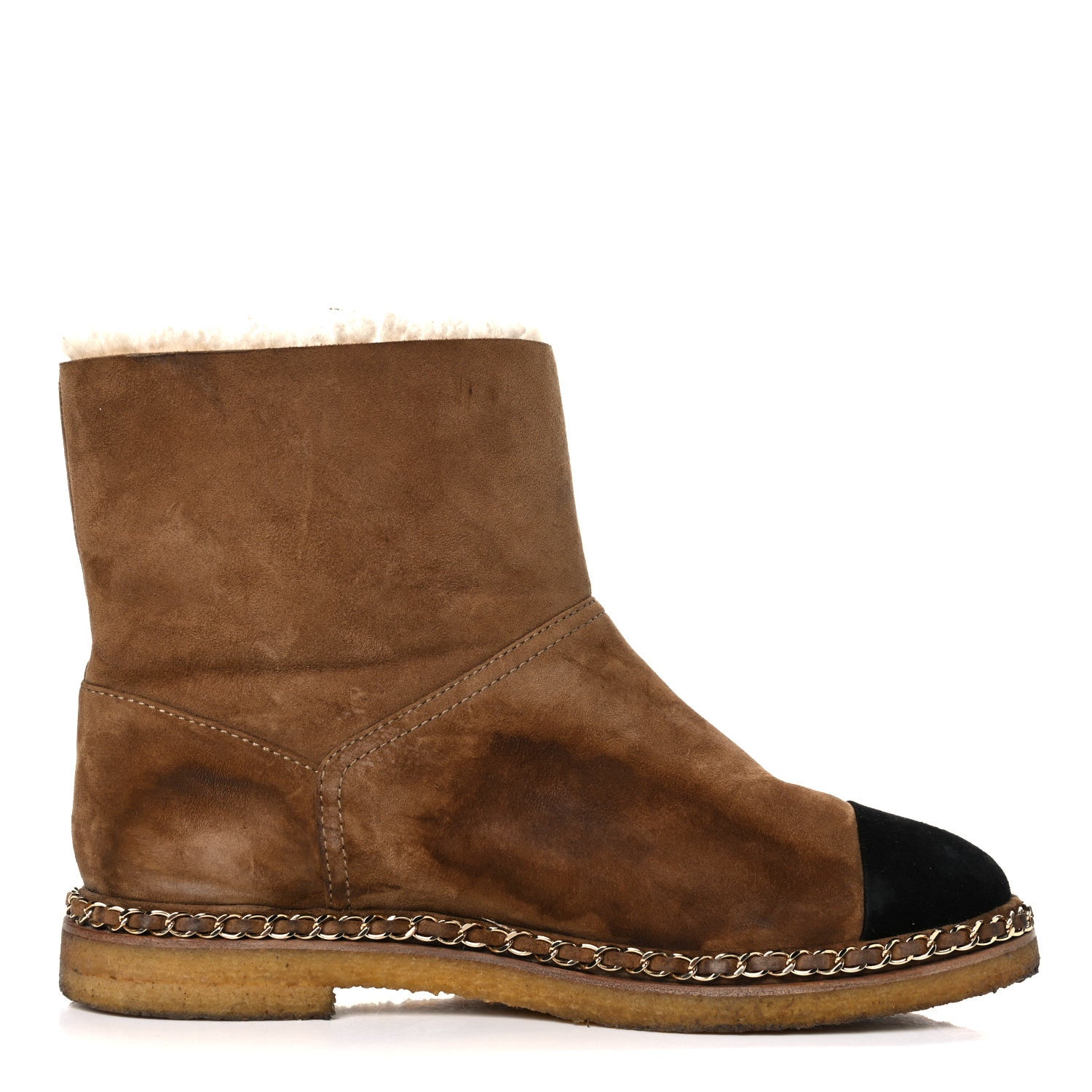 Chanel Kid Suede Shearling Womens Cap Toe Chain Short Boots 40.5 Light Brown Black 9 of 24