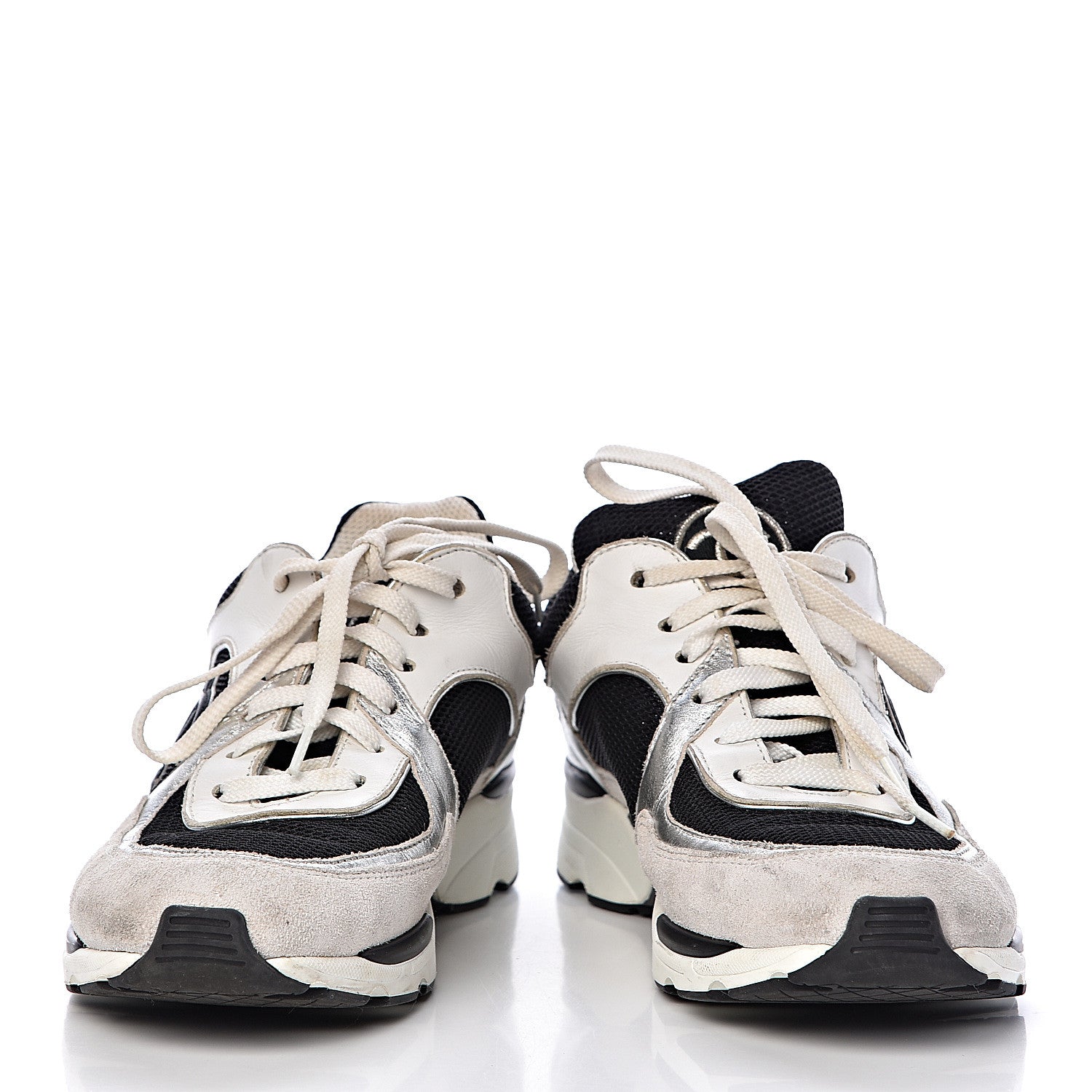 Chanel Suede Calfskin Womens CC Sneakers 37 Black White Silver 5 of 9