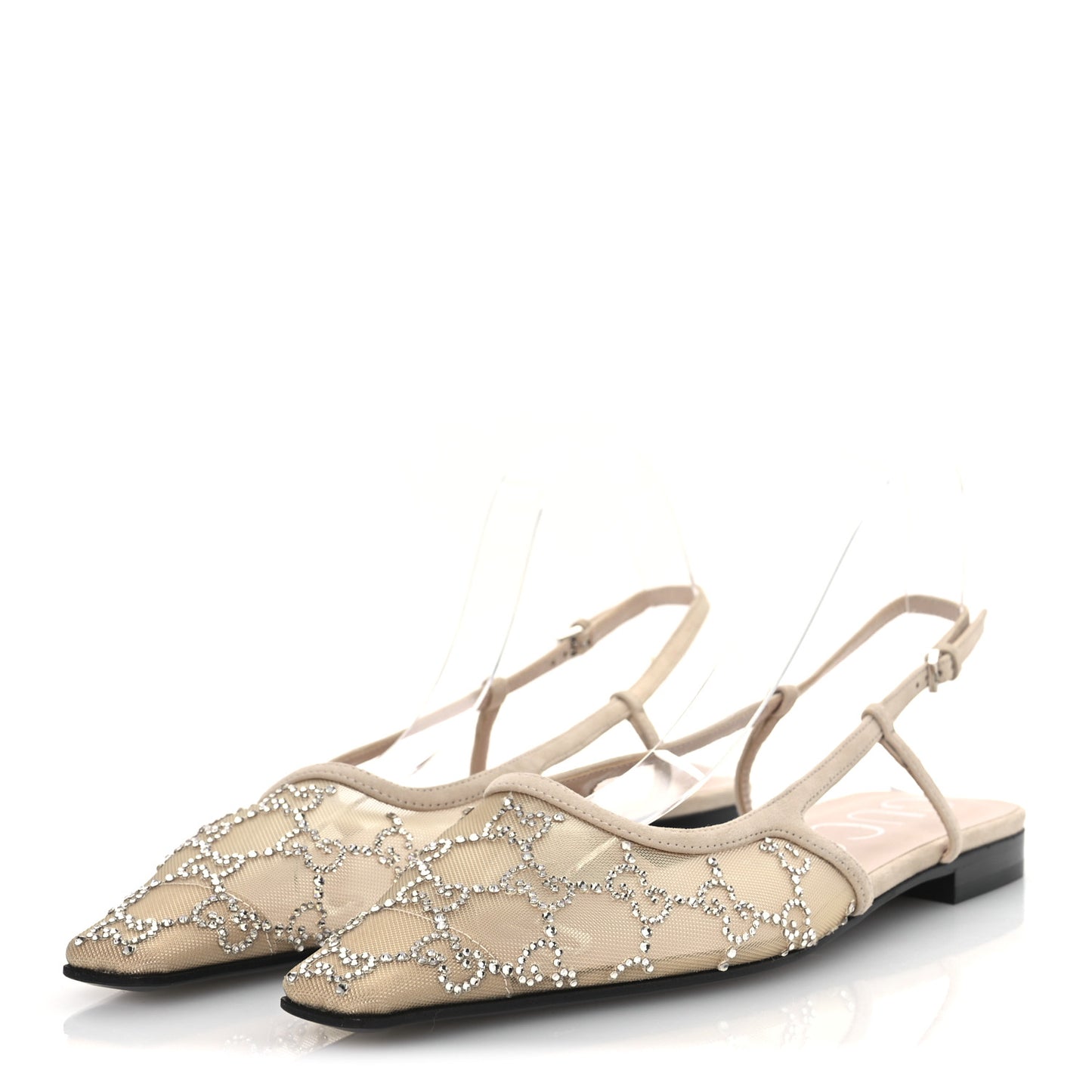 Suede Mesh Crystal GG Monogram Slingback Ballet Flats 38 Light Powder Skin Rose