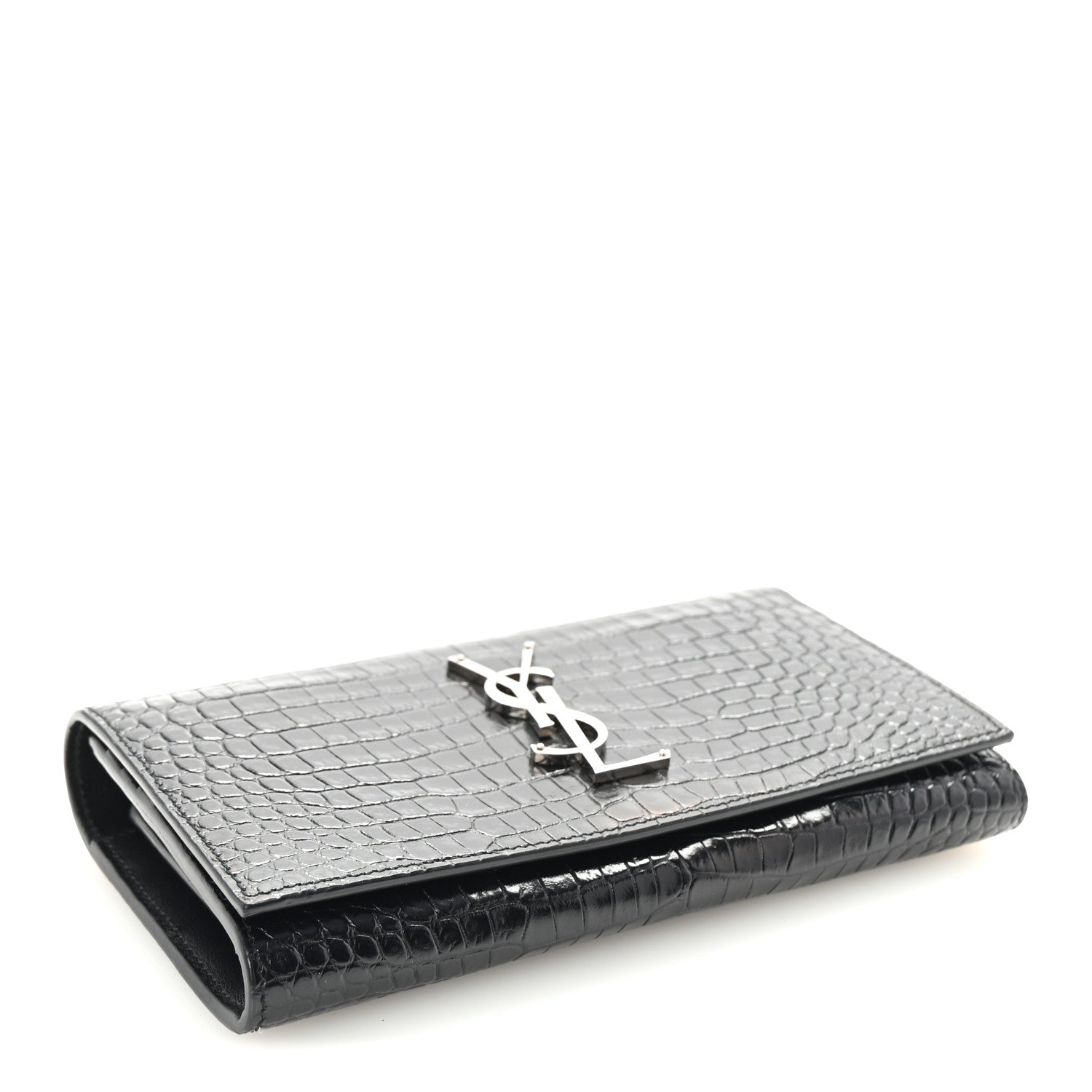 Saint Laurent Calfskin Crocodile Embossed Classic Monogram Cassandre Wallet Black 4 of 7