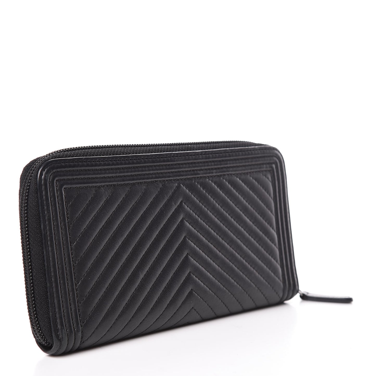 Lambskin Chevron Quilted Zip Around Boy Wallet Black