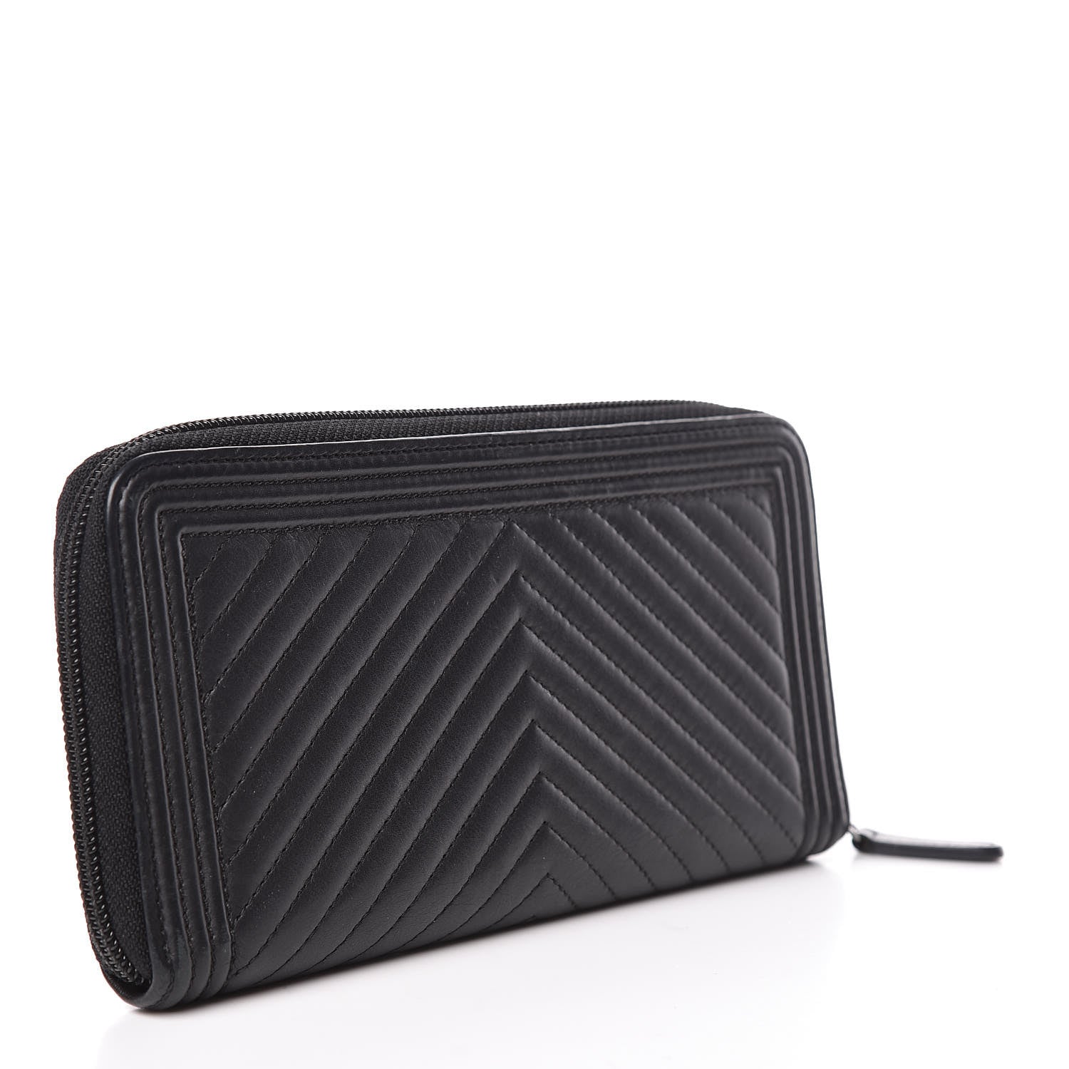 Chanel Lambskin Chevron Quilted Zip Around Boy Wallet Black 3 of 8
