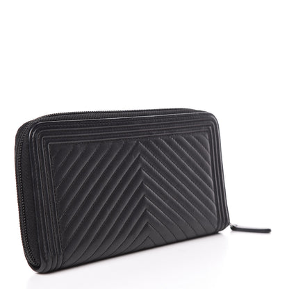 Chanel Lambskin Chevron Quilted Zip Around Boy Wallet Black 3 of 8