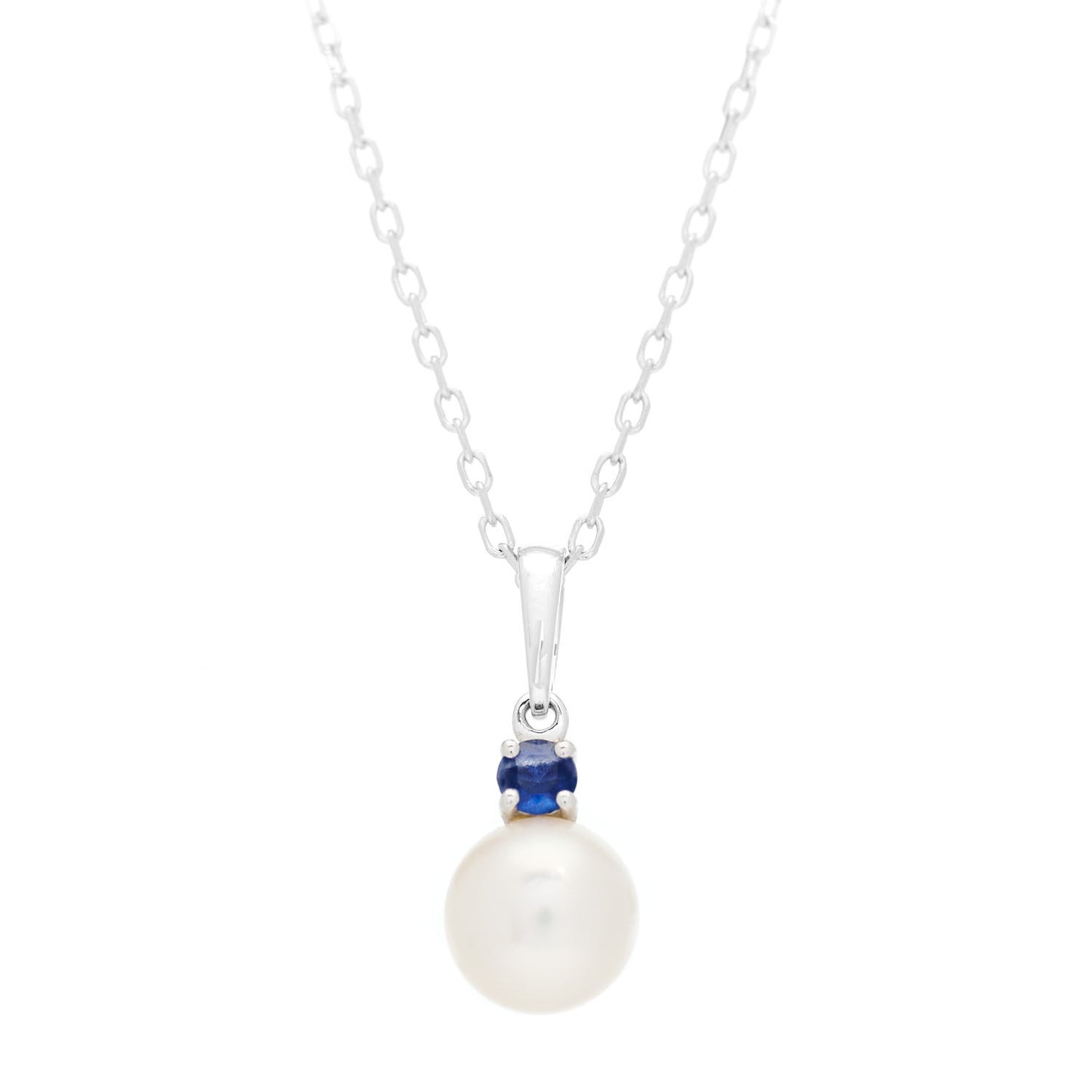 18K White Gold Blue Sapphire Akoya Pearl 7.5mm Everyday Esentials Pendant Necklace
