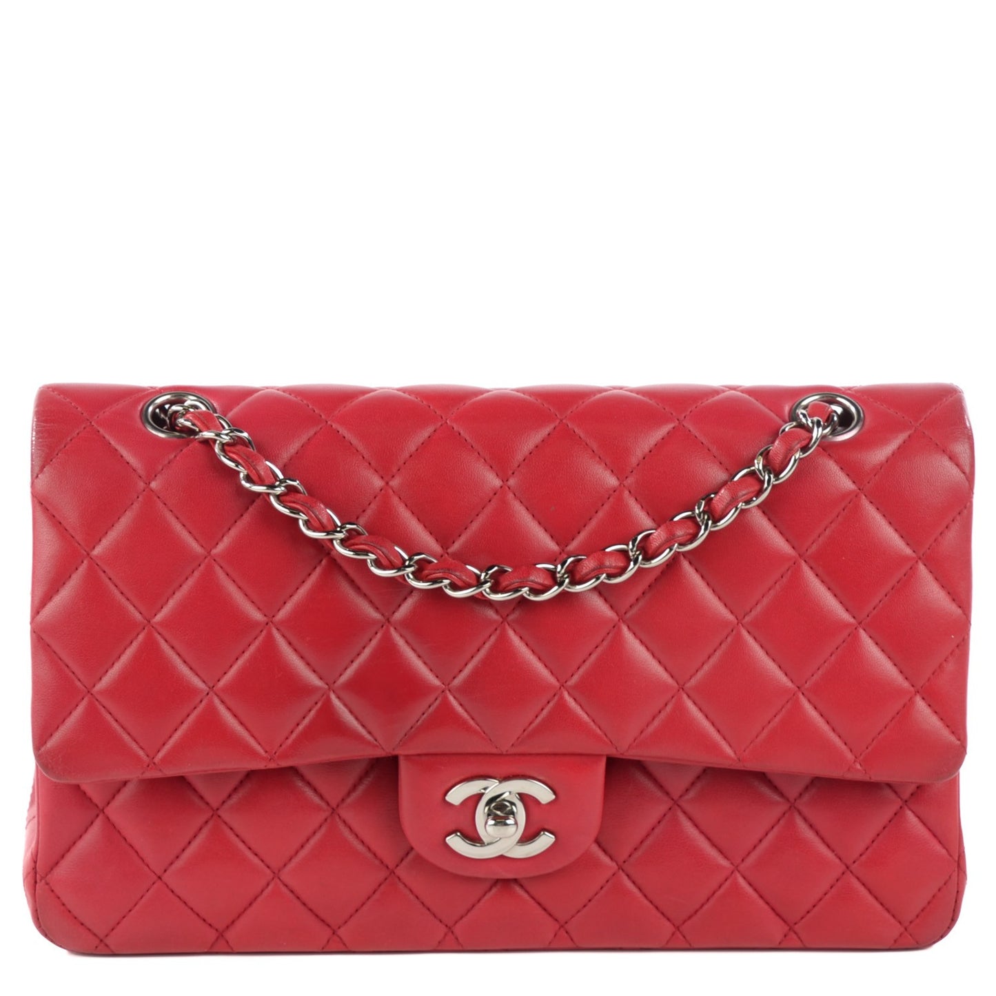 Lambskin Quilted Medium Double Flap Red