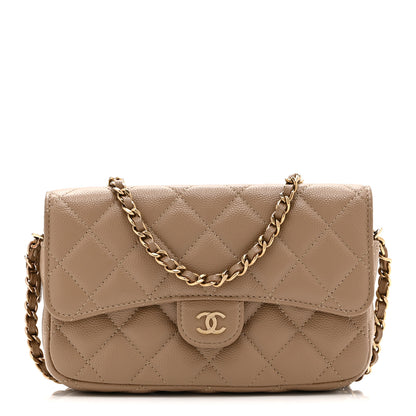 Chanel Caviar Quilted Flap Phone Holder With Chain Beige 1 of 13