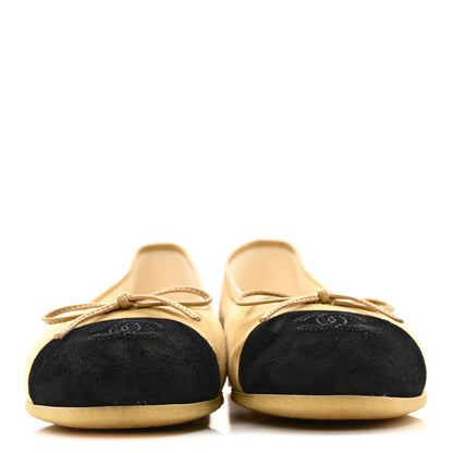 Chanel Suede Goatskin Cap Toe CC Ballerina Flats 38 Beige Black 2 of 10