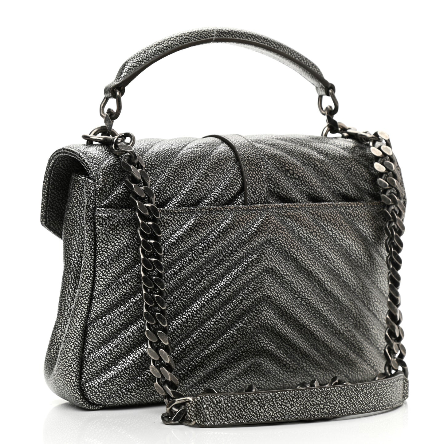 Metallic Grain De Poudre Matelasse Chevron Monogram Medium College Bag Gunmetal