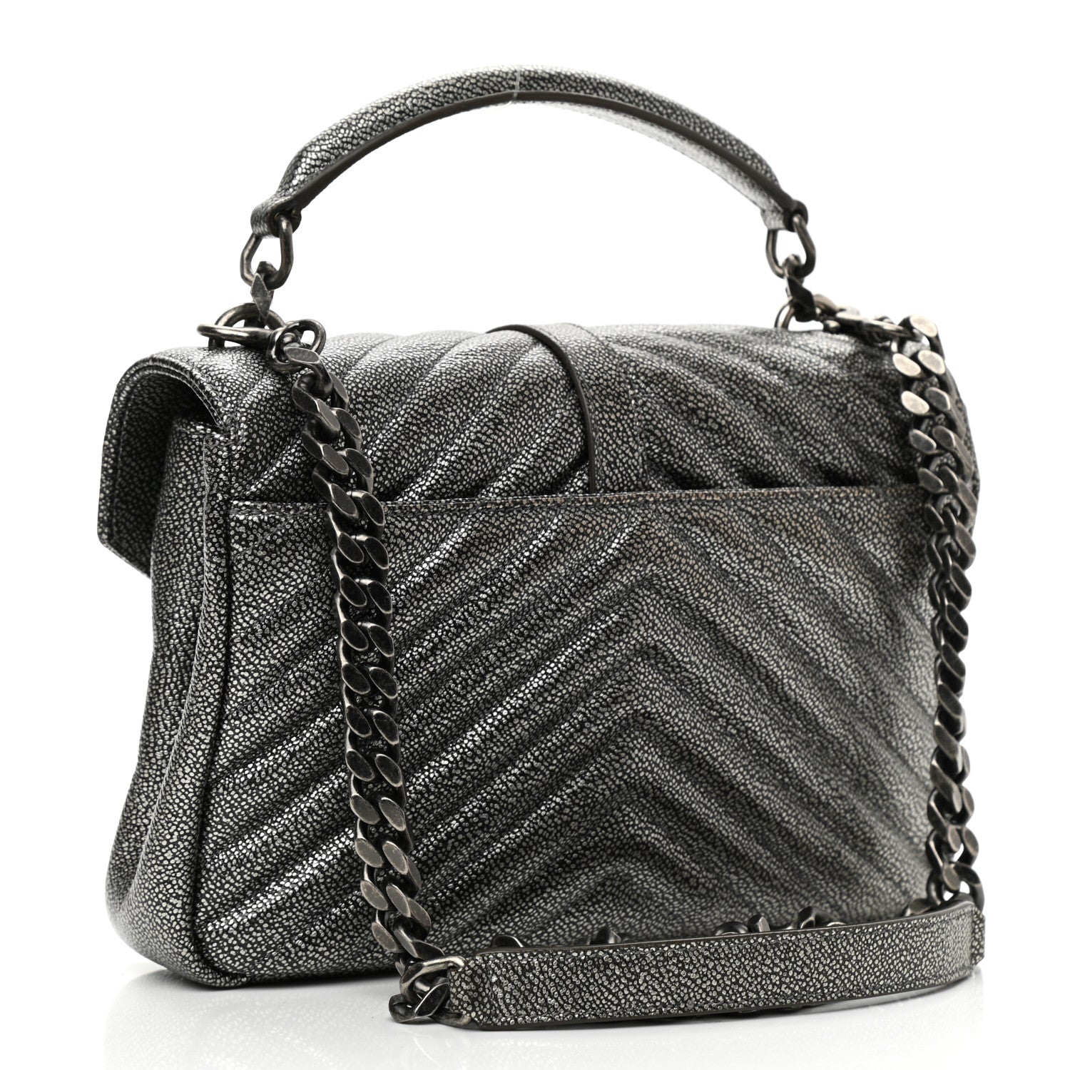 Saint Laurent Metallic Grain De Poudre Matelasse Chevron Monogram Medium College Bag Gunmetal 3 of 10