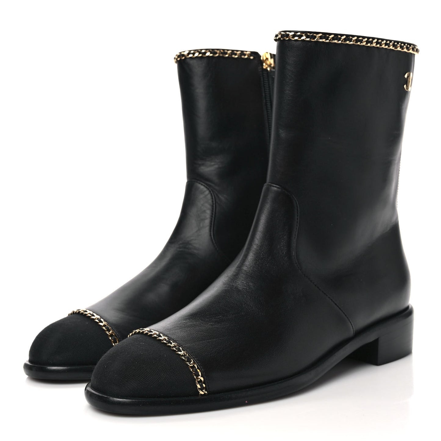 Lambskin Grosgrain Cap Toe Chain Short Boots 37 Black