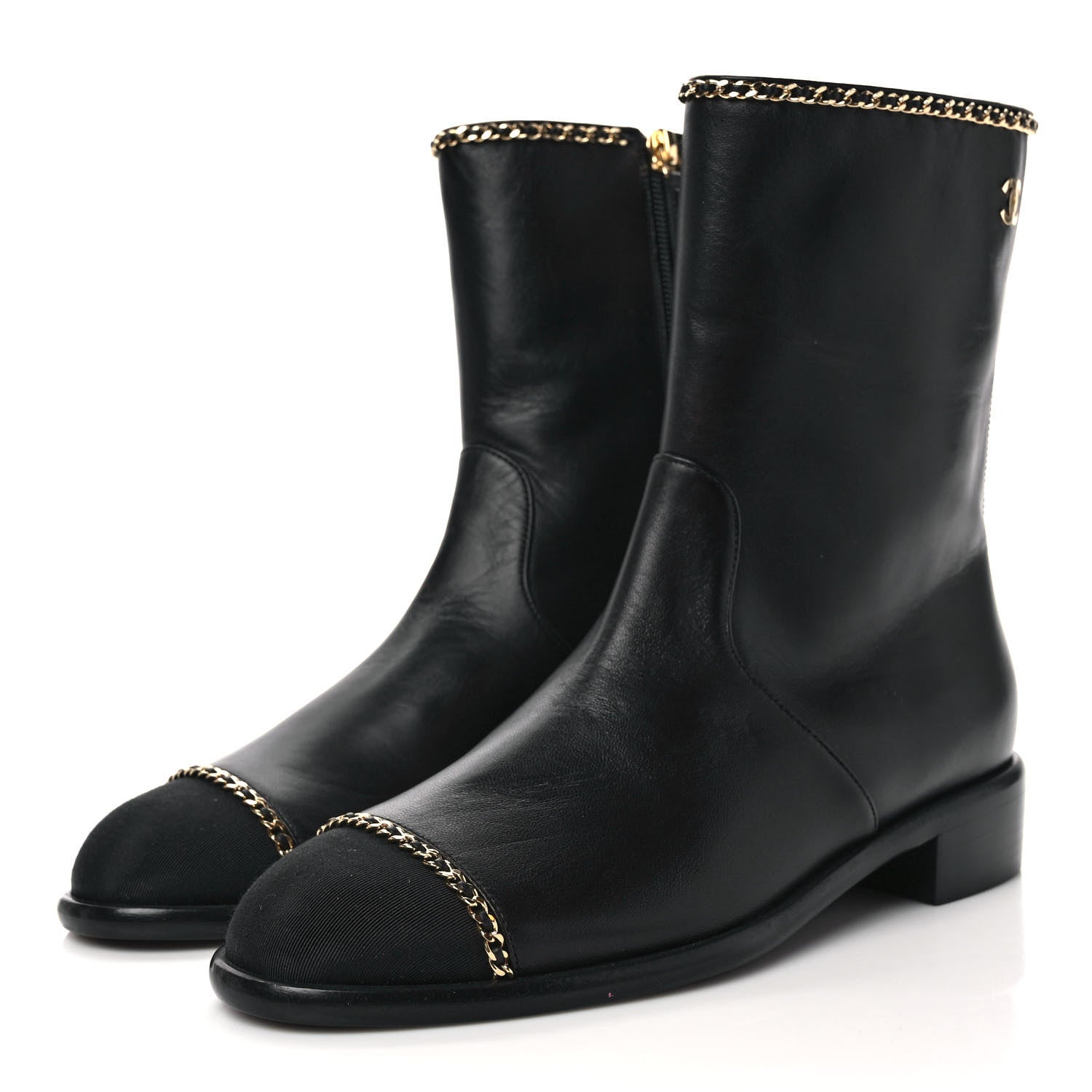 Chanel Lambskin Grosgrain Cap Toe Chain Short Boots 37 Black 3 of 8