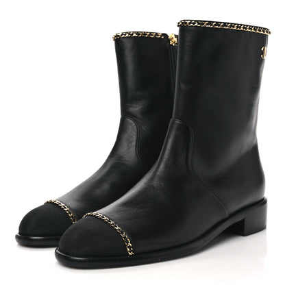 Chanel Lambskin Grosgrain Cap Toe Chain Short Boots 37 Black 3 of 8
