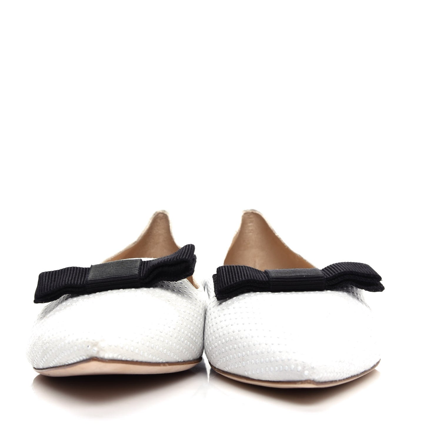 Shiny Calfskin Ministud Gala Bow Flats 40 White