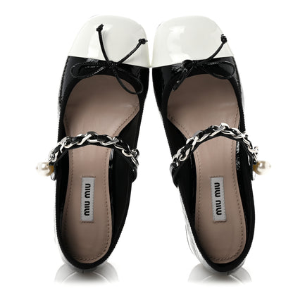 Miu Miu Vernice Chain Pearl Mary Jane Pumps 36.5 Black White 2 of 9