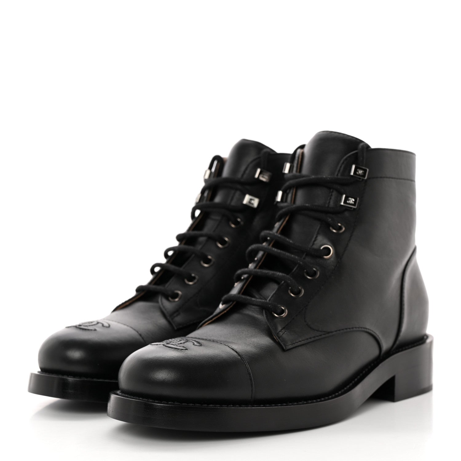 Chanel Calfskin Lace Up CC Combat Boots 38.5 Black 3 of 11