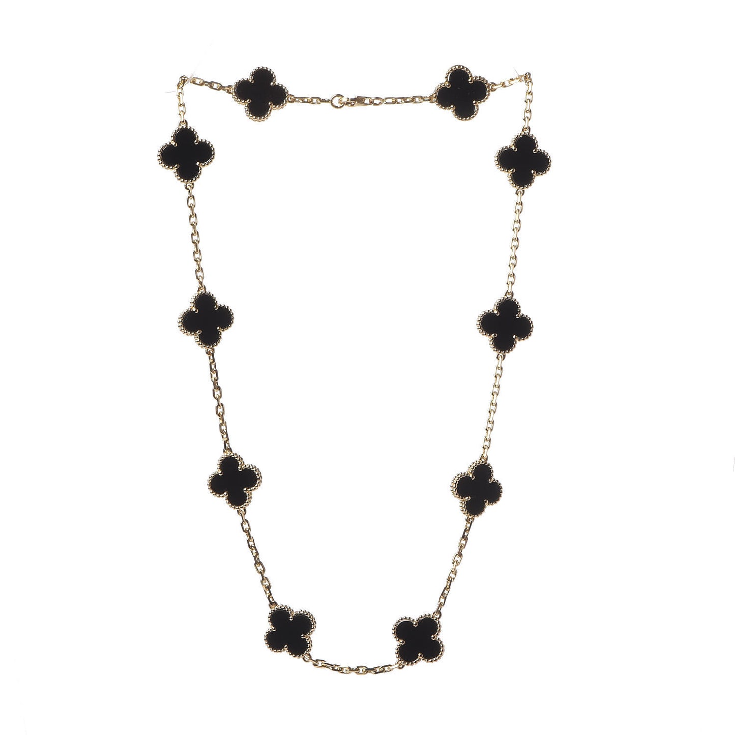 18K Yellow Gold Black Onyx 10 Motifs Vintage Alhambra Necklace