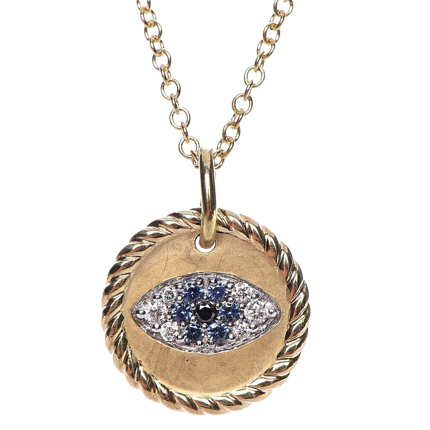 18K Yellow Gold Blue Sapphire Diamond Evil Eye Necklace