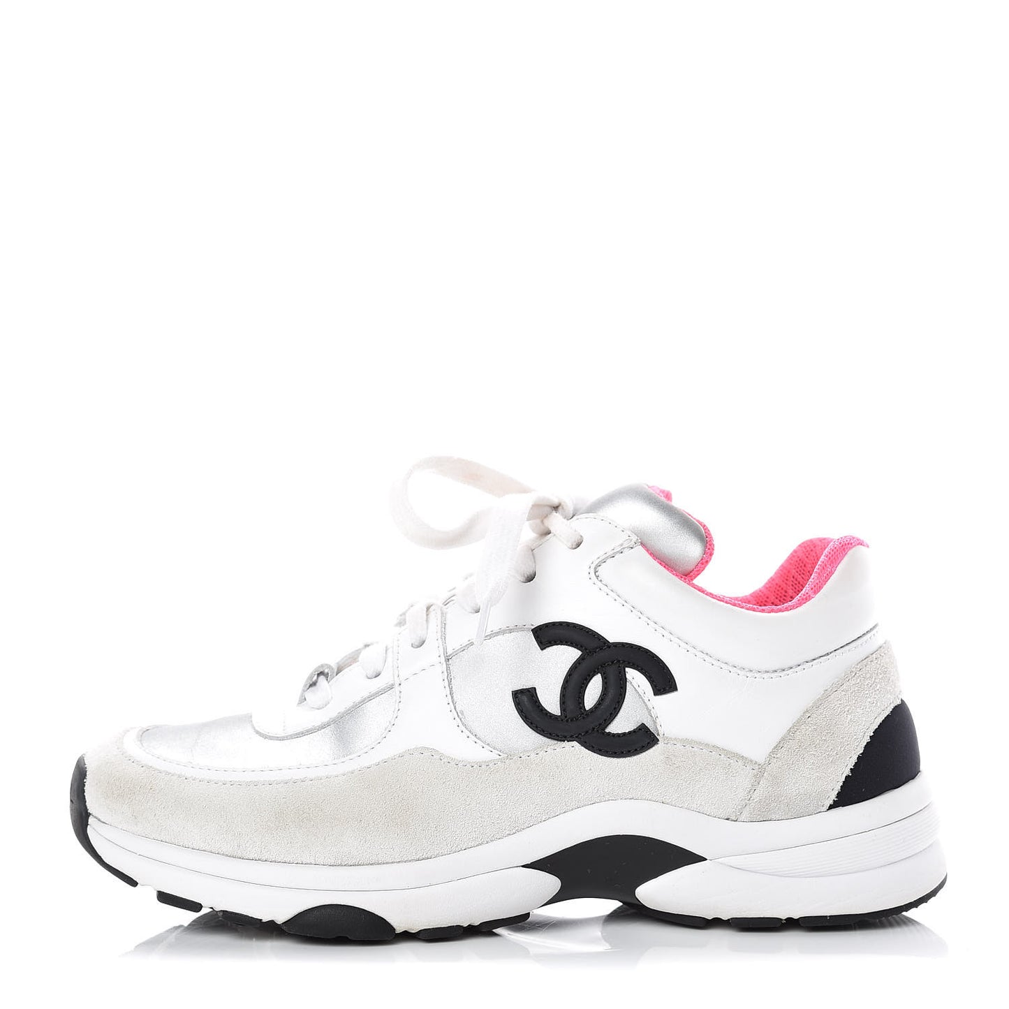 Calfskin Fabric Sneakers 35 White Silver Fluo Pink