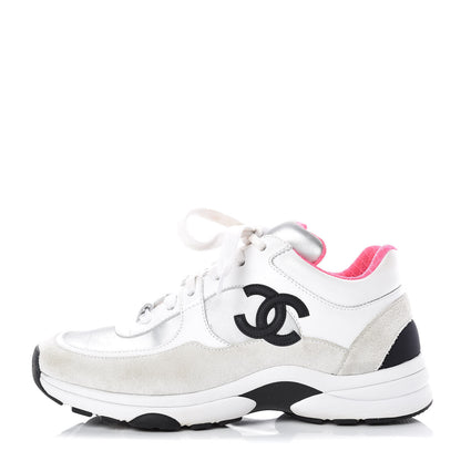 Chanel Calfskin Fabric Sneakers 35 White Silver Fluo Pink 1 of 8