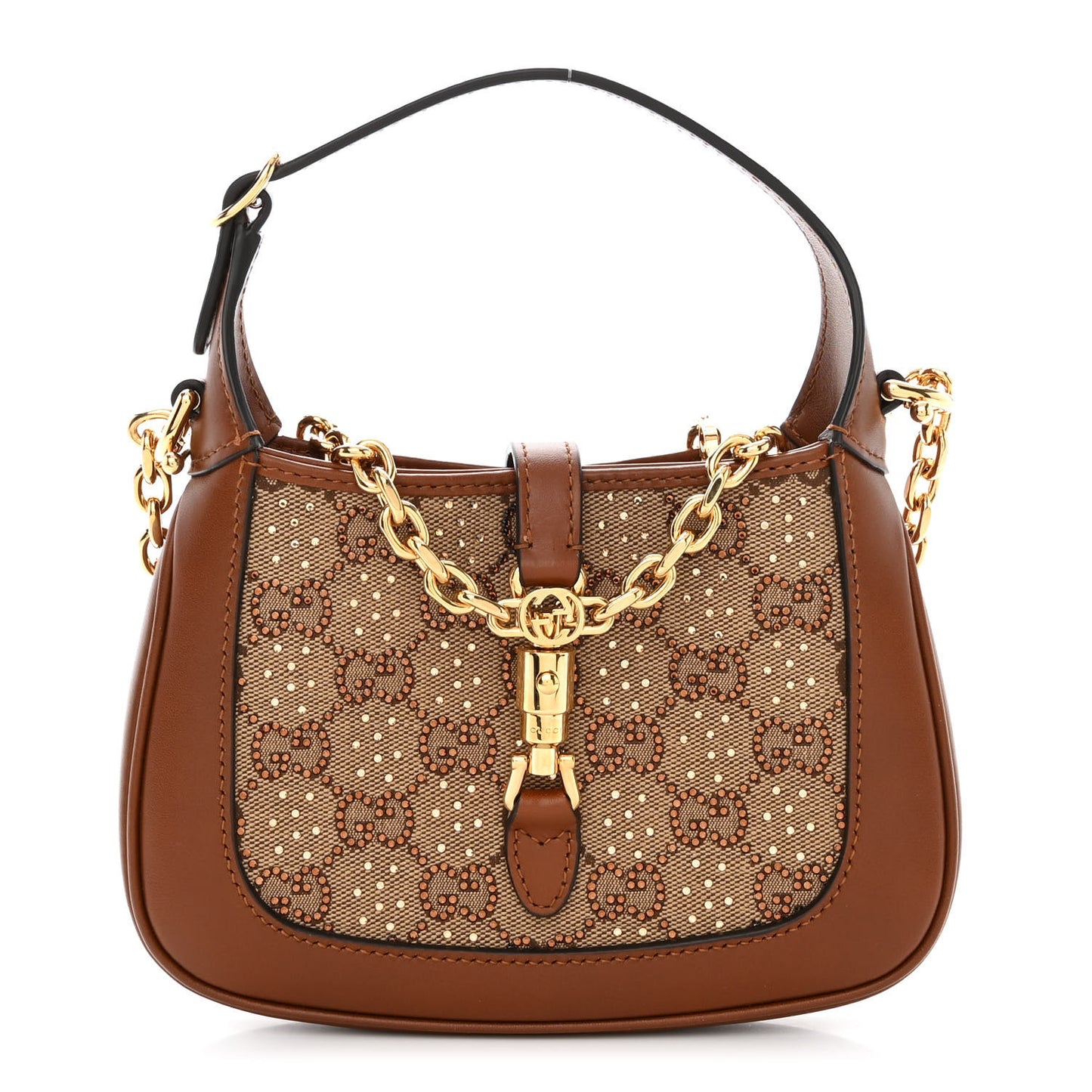 New Canvas Charisma Calfskin Crystal GG Monogram Mini Jackie 1961 Hobo Camel Ebony