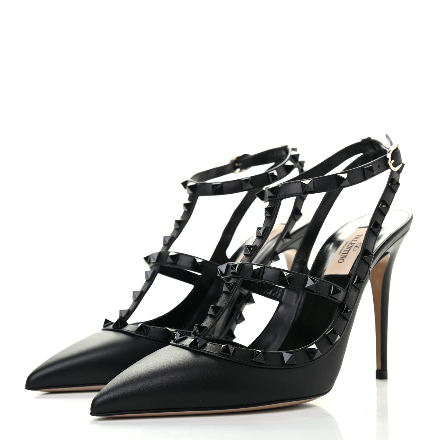 Calfskin Lacquered Monochrome Rockstud Ankle Strap 100mm Pumps 40 Black