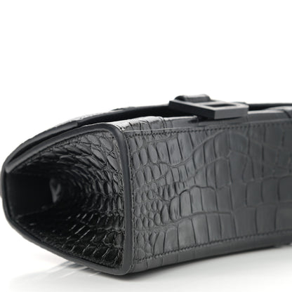 Balenciaga Shiny Calfskin Monochrome Crocodile Embossed Hourglass Top Handle Bag XS Black 9 of 11