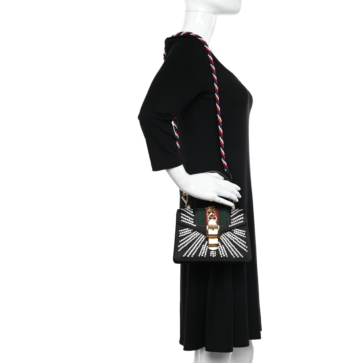 Gucci Satin Crystal Mini Sylvie Top Handle Bag Black 2 of 11
