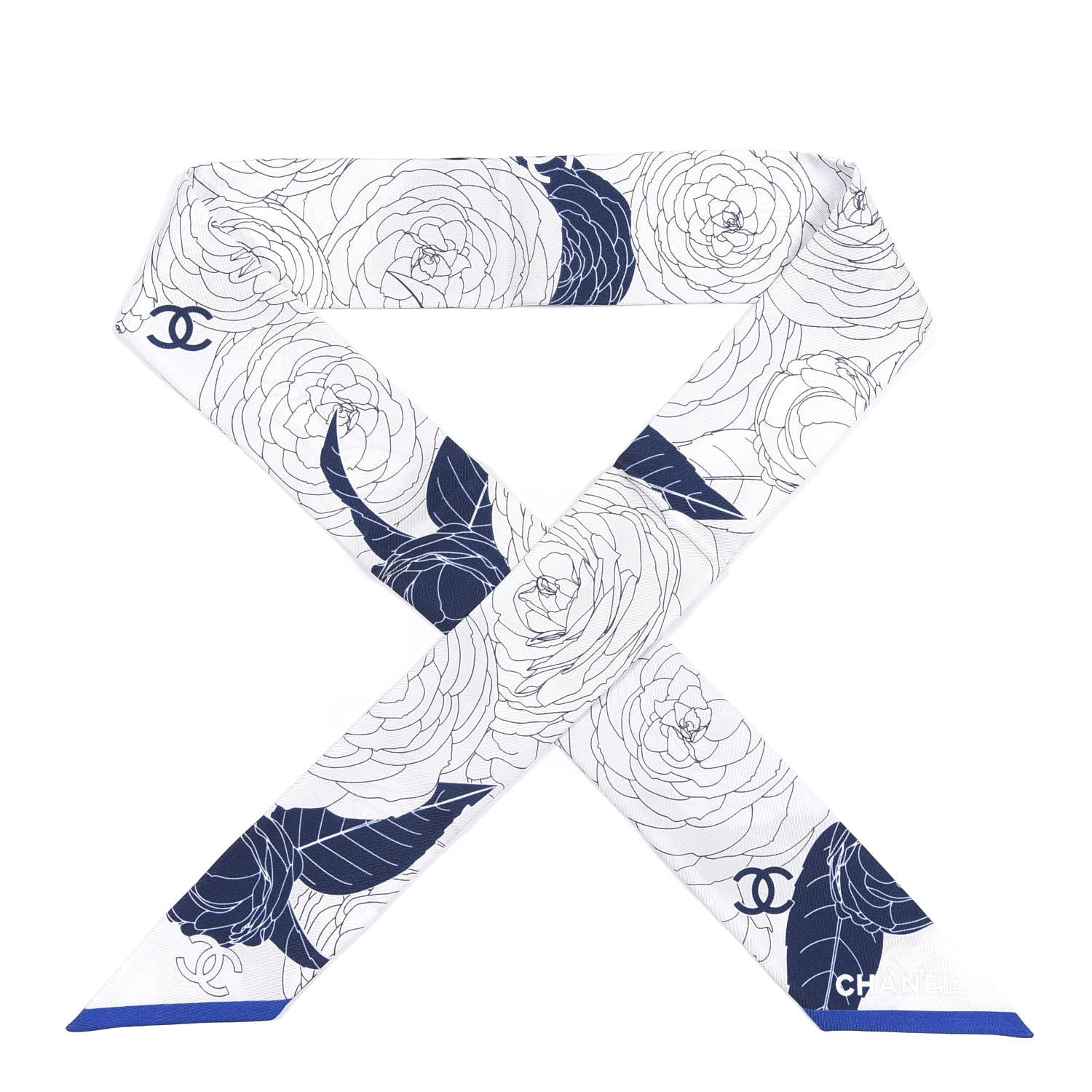 Chanel Silk CC Camellia Slim Bandeau Scarf Blue White 1 of 4