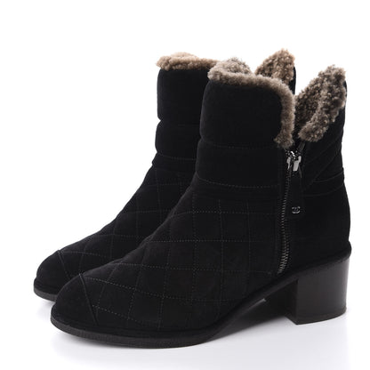 Chanel Suede Quilted Shearling Short Boots 36.5 Black 3 of 9