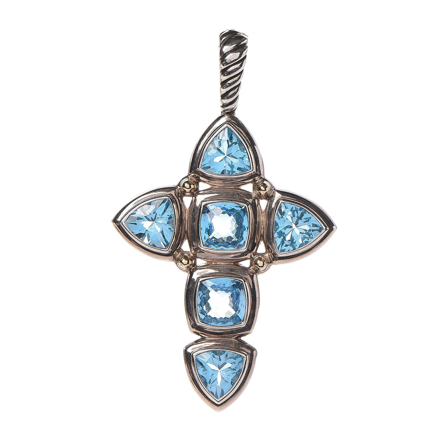 Sterling Silver 18K Yellow Gold Blue Topaz Renaissance Cross Enhancer Pendant