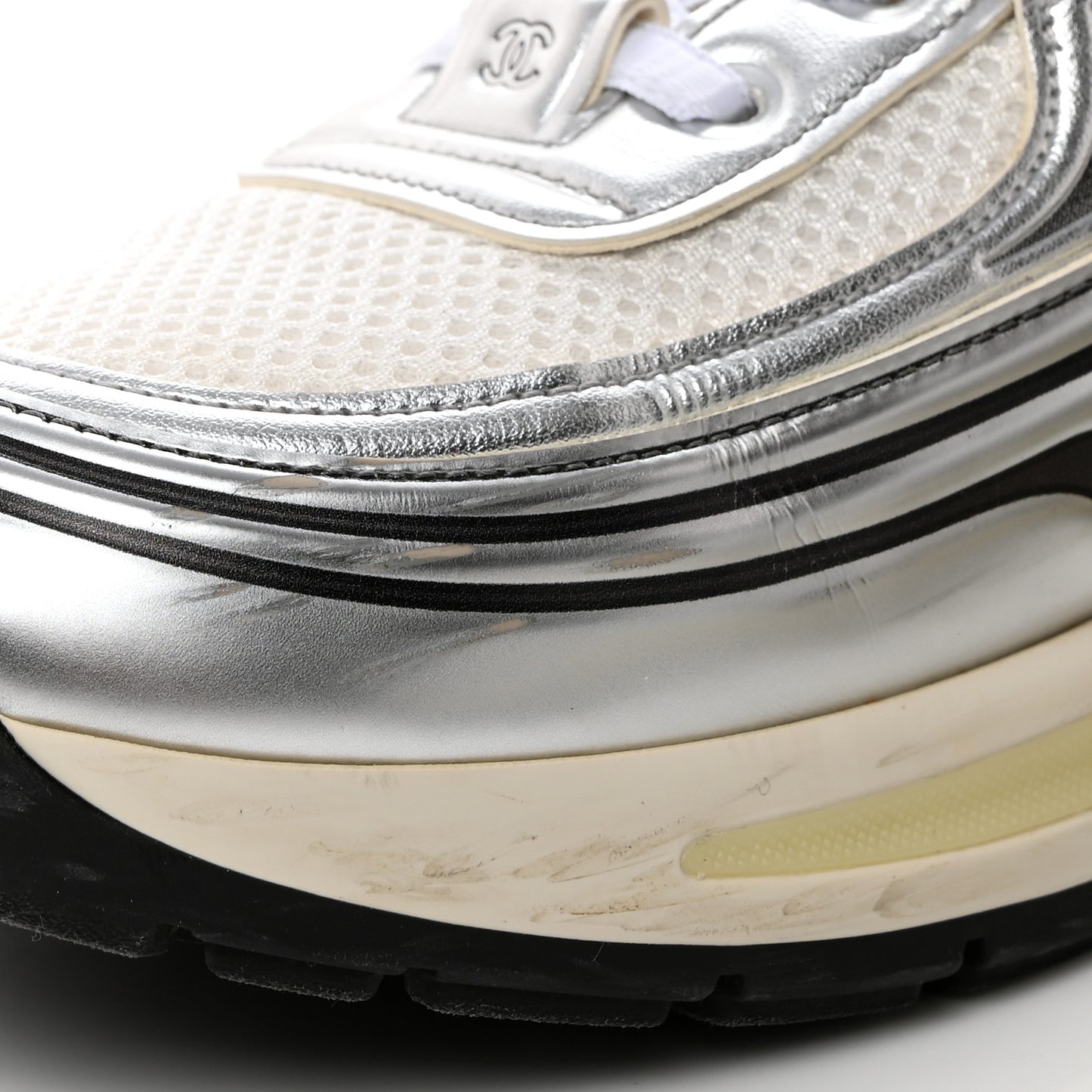 Fabric Laminated Calfskin Stretch CC Womens Sneakers 38.5 White Silver