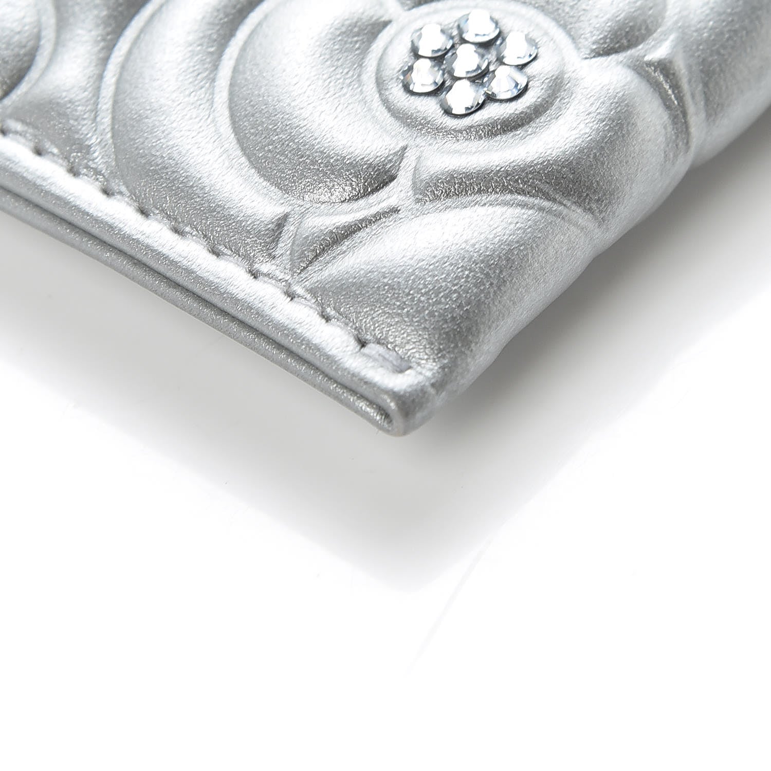 Chanel Metallic Lambskin Crystal Camellia Embossed Card Holder Silver 5 of 11