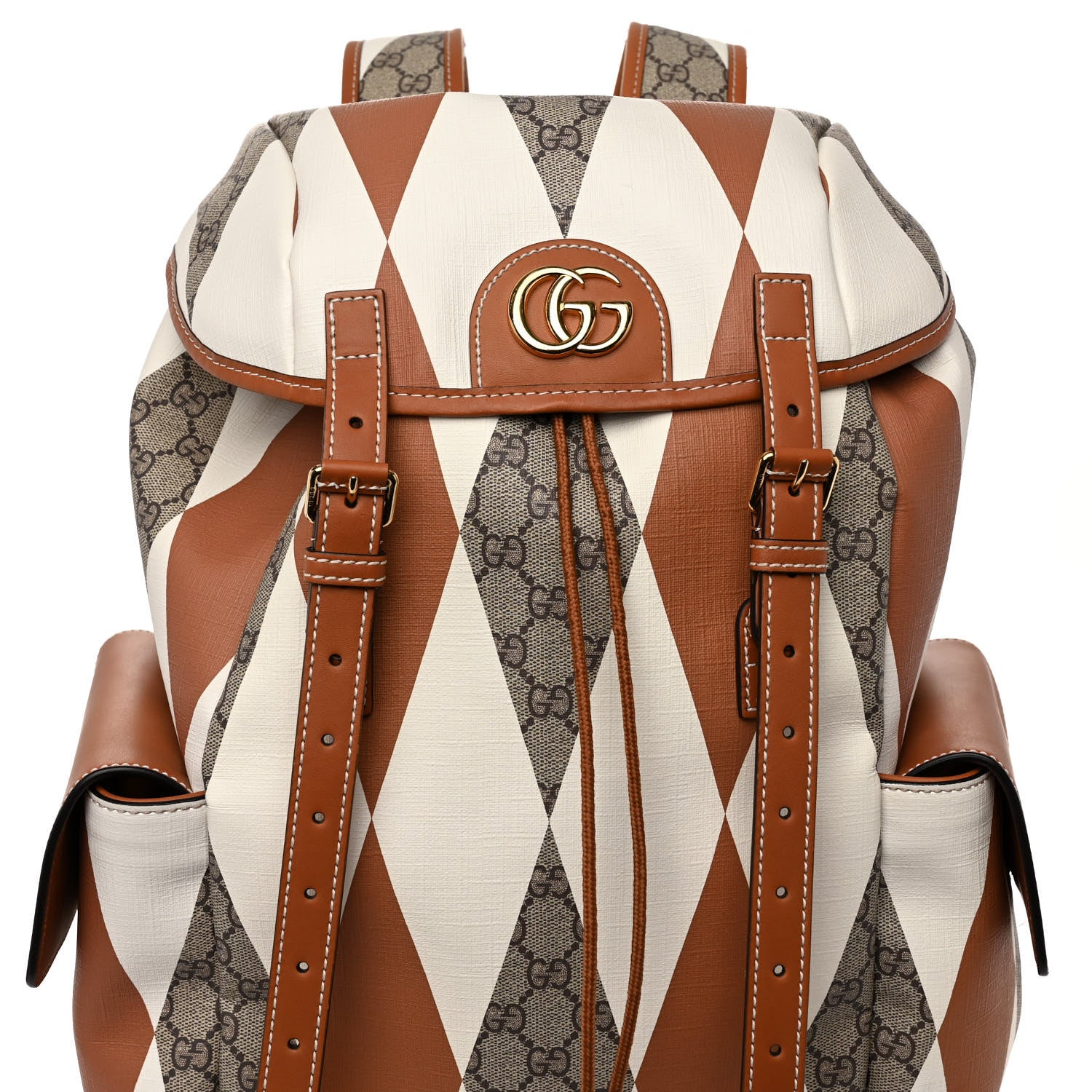 Gucci GG Supreme Monogram Calfskin Rhombus Print Medium Ophidia Double Buckle Backpack Beige Ebony Mystic White Hazel Brown 7 of 9
