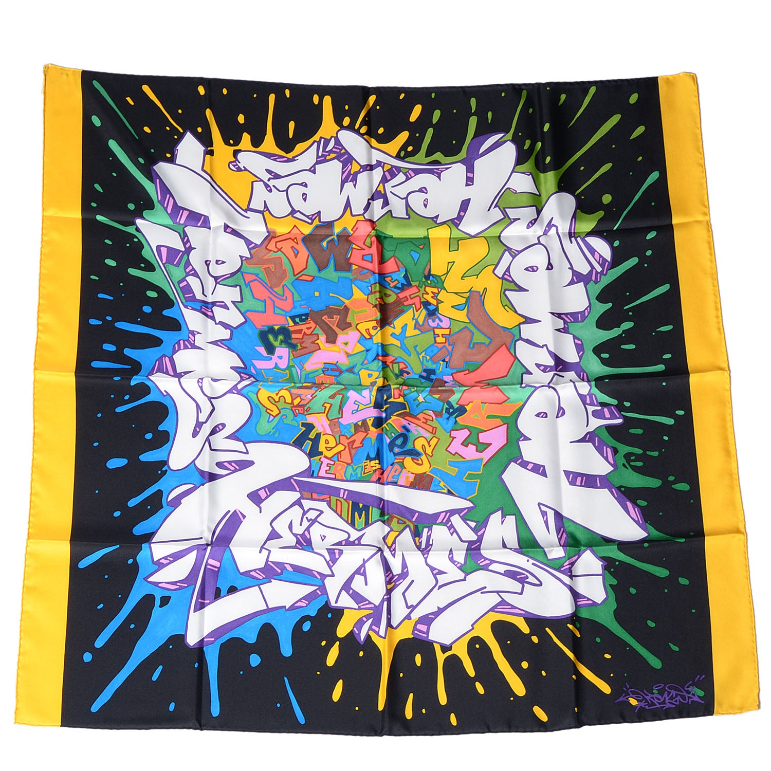 Hermes Silk Graff Graffiti Scarf 90 Noir Blanc Jaune Vif 2 of 6